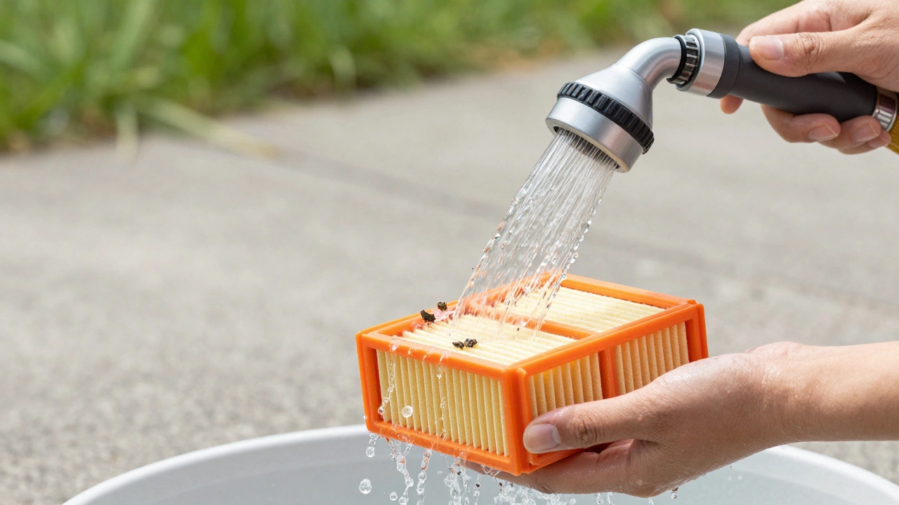 Gently rinsing an air filter with low-pressure water from a hose