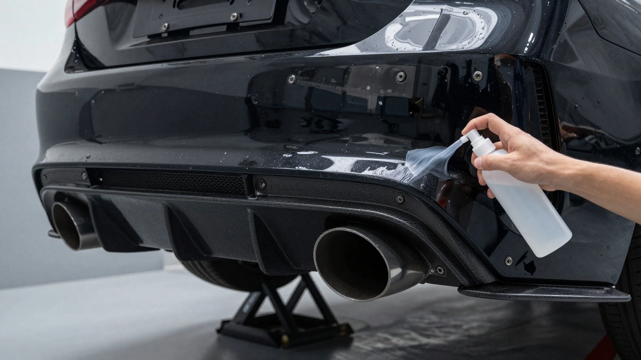 Hand spraying UV protectant on a newly installed glossy rear diffuser