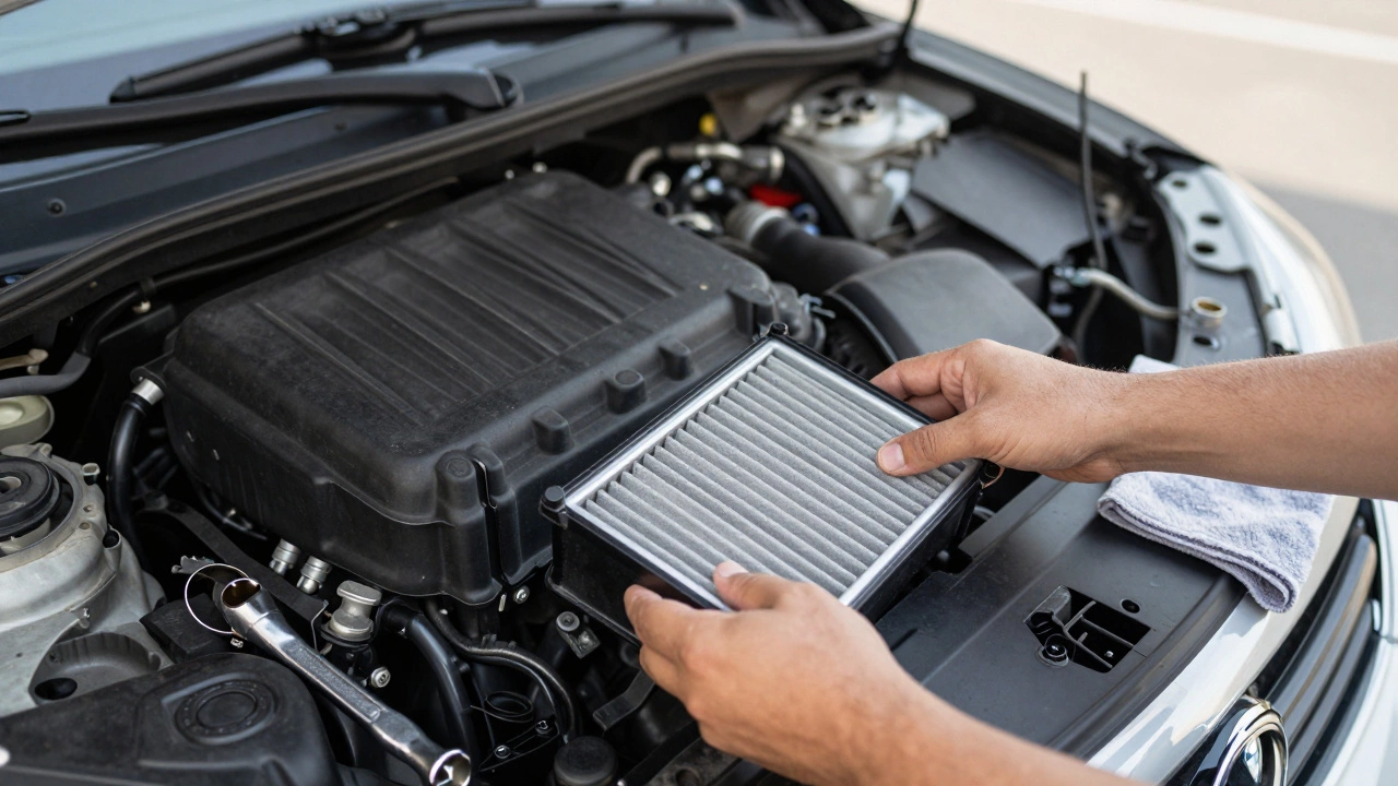 Hands installing a new air filter into an open car engine air box