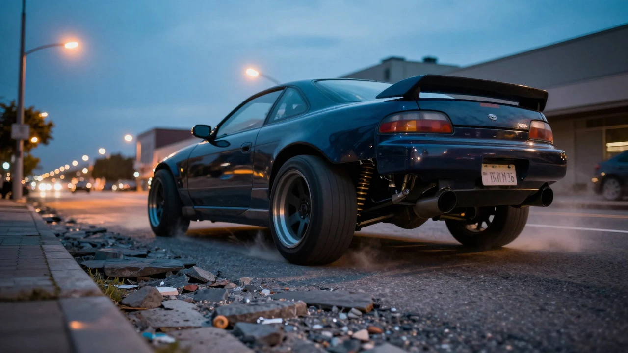 Lowered car hitting pothole on city street at dusk