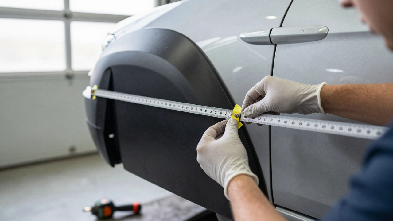 Mechanic carefully aligning a side skirt panel using tape and measuring tape