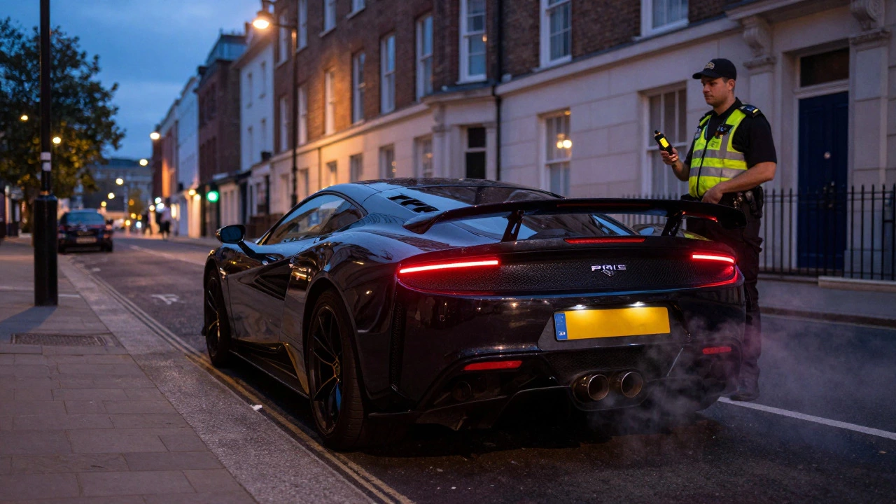 Sports car on UK street with police officer measuring exhaust noise