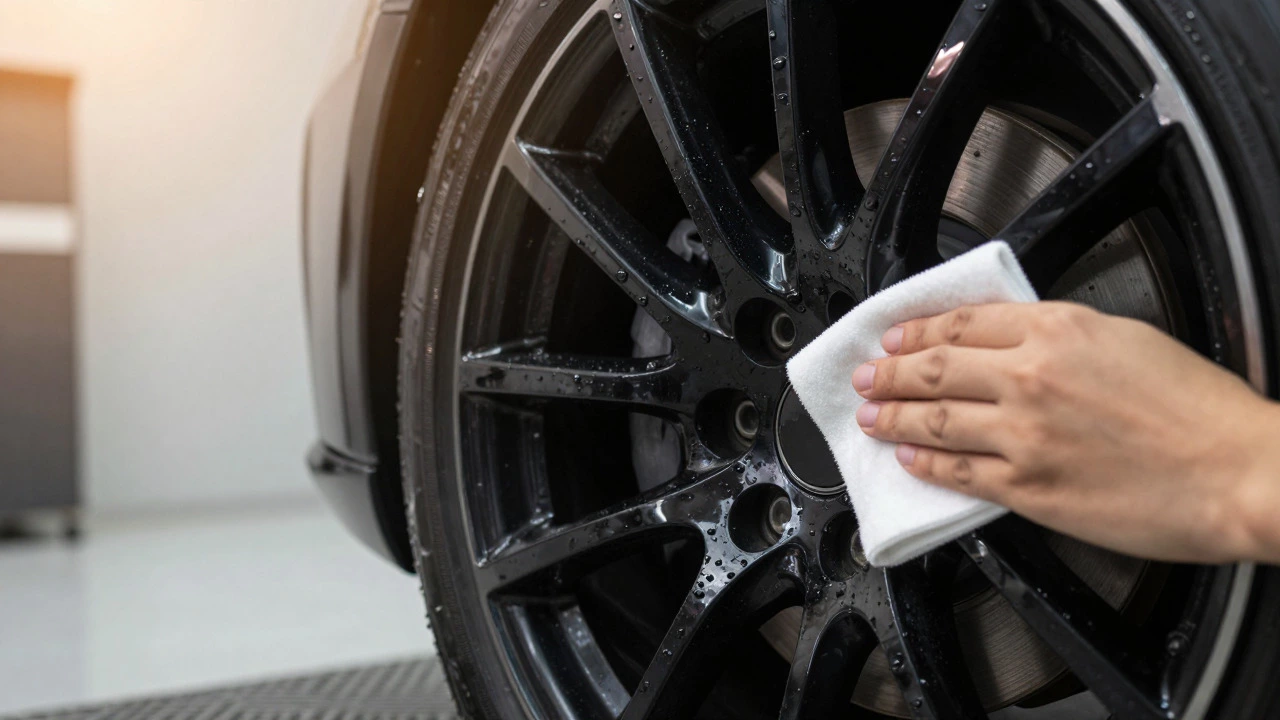 Applying ceramic sealant to a shiny black alloy wheel for protection