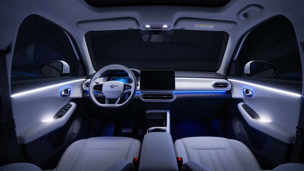 Car interior illuminated by cool white and blue ambient LED lighting strips