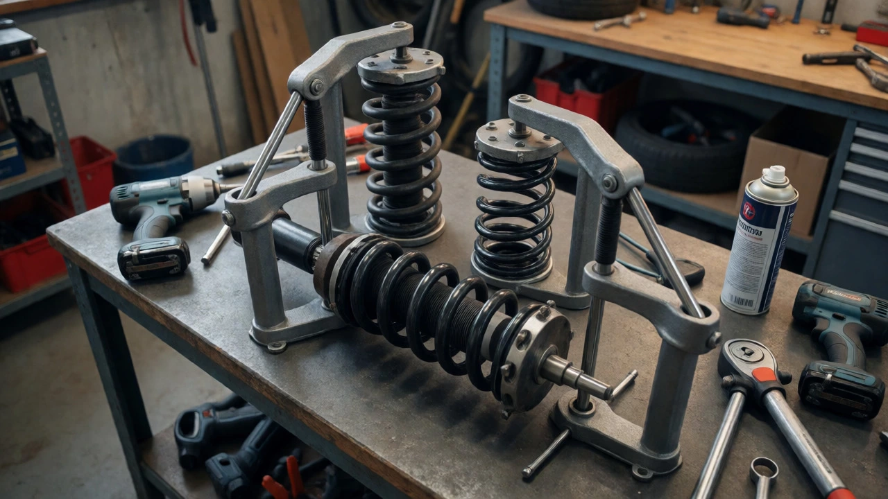 Car strut with spring compressors on a workbench