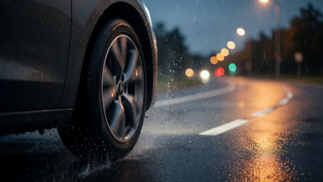 Car wheel gripping wet road during sharp turn at dusk