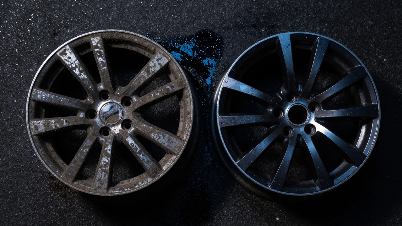 Comparison of a dirty dusty wheel and a clean shiny black wheel