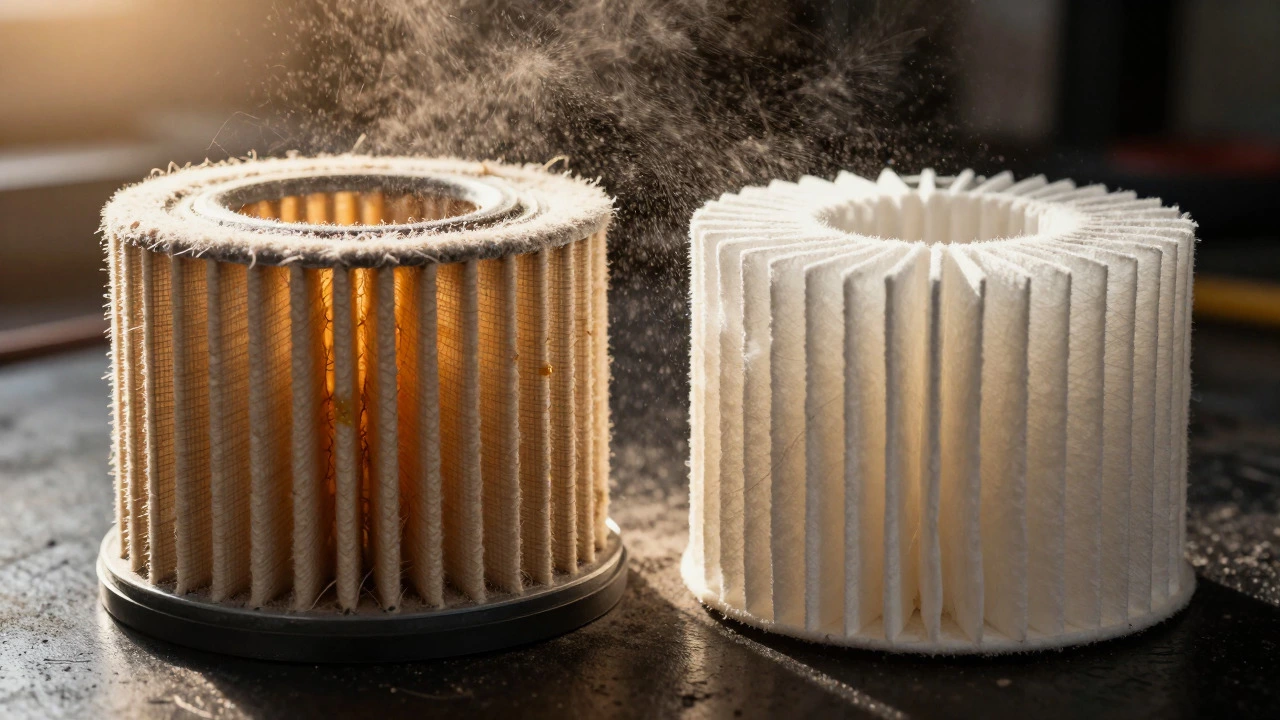 Comparison of oiled cotton and dry paper air filters with dust particles in light