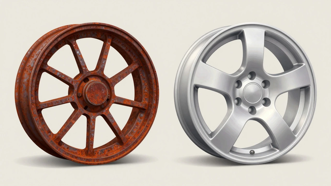 Comparison of rusty steel wheel versus protected aluminum alloy wheel