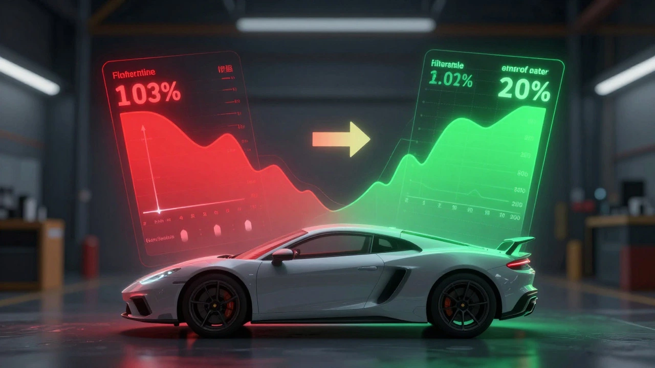 Conceptual art of a car balanced by glowing performance metric visualizations