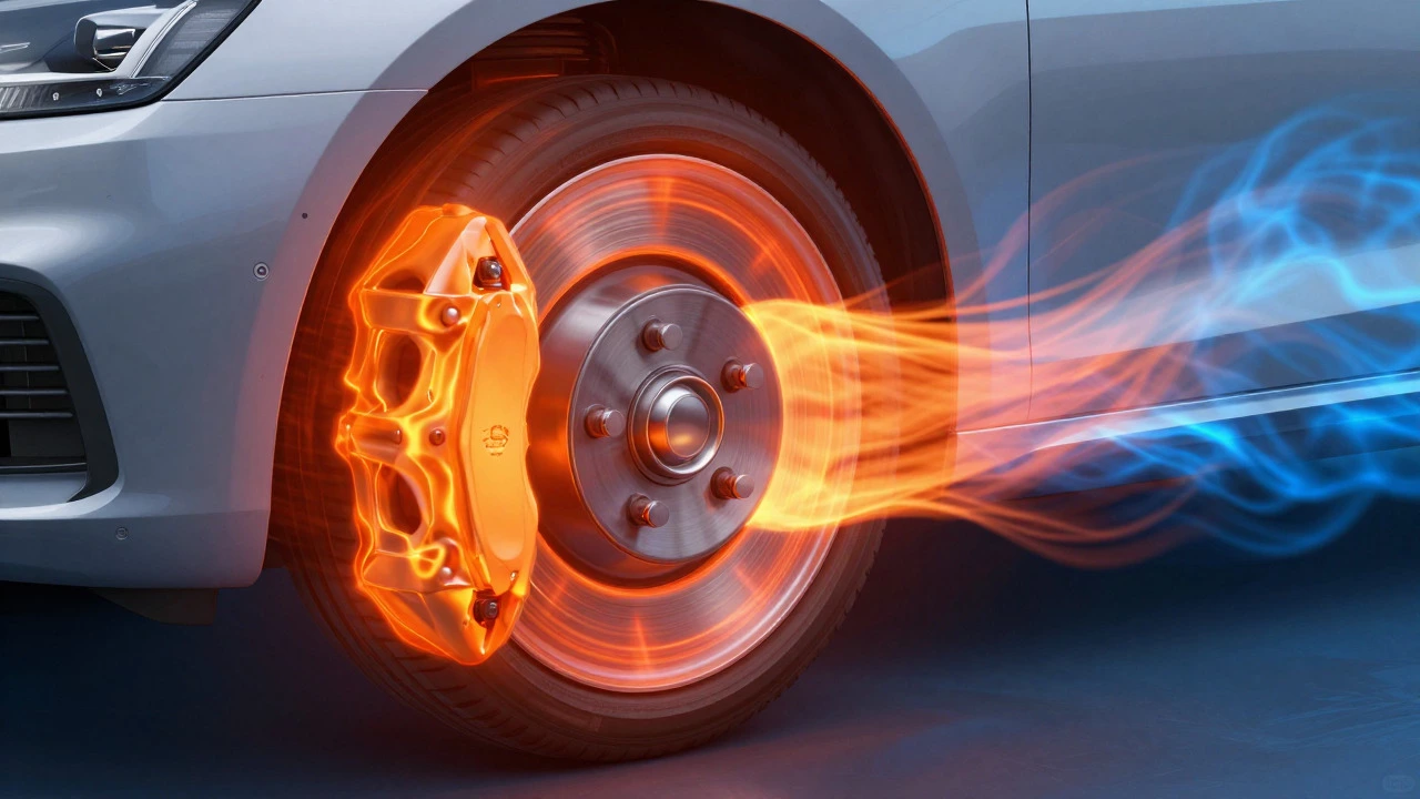 Conceptual illustration showing heat dissipating from alloy vs steel wheels