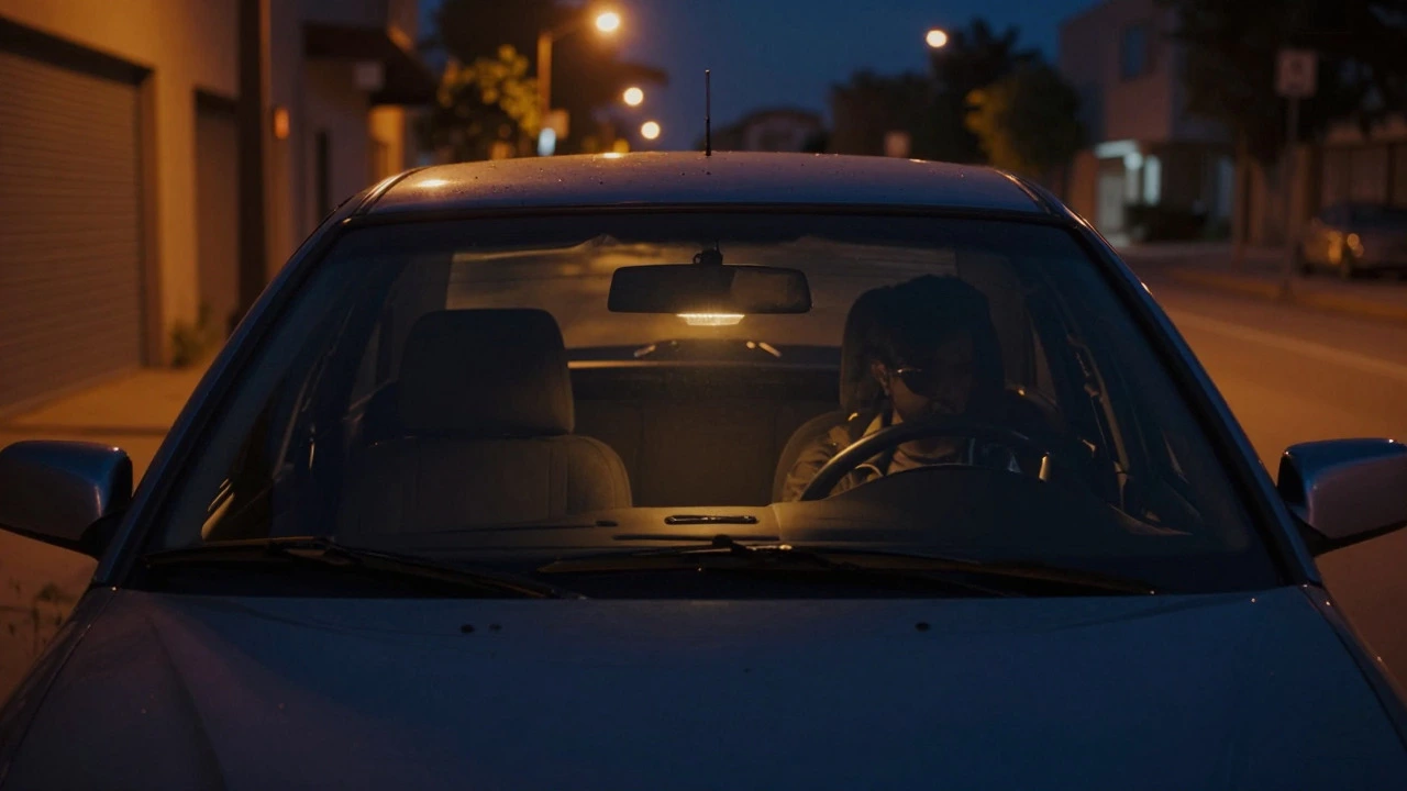 Dark tinted car visible from outside due to interior lights at night