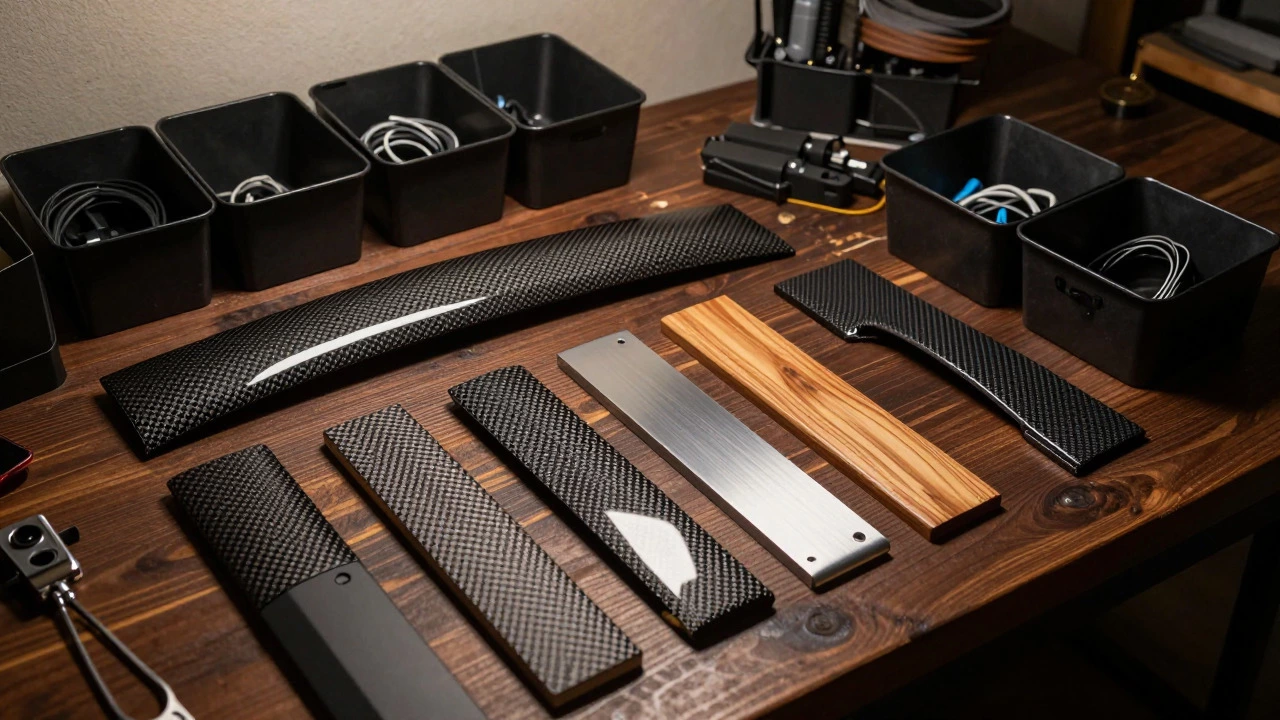 Display of carbon fiber, aluminum, and wood trim materials with storage accessories