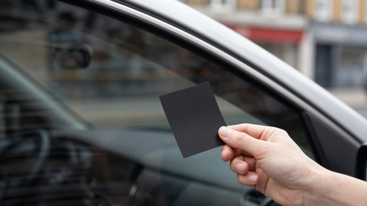 Hand holding tint film sample against car window for testing