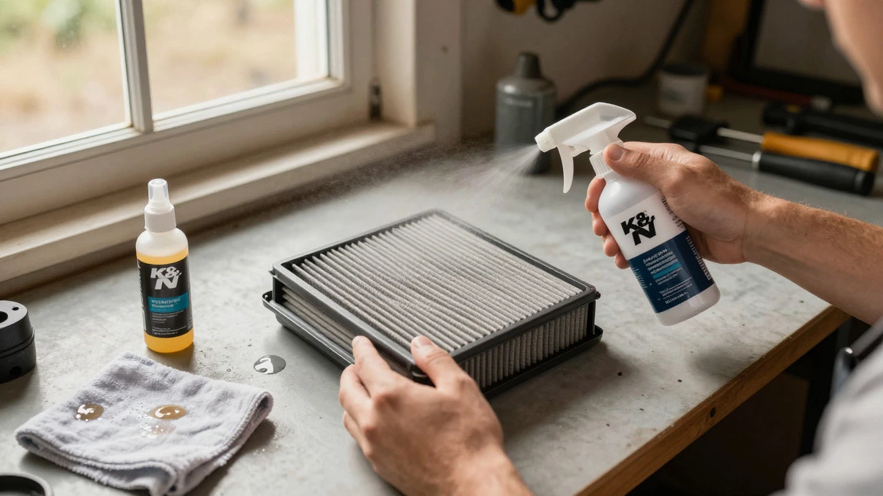 Hands cleaning and maintaining a reusable K&amp;N air filter in a garage
