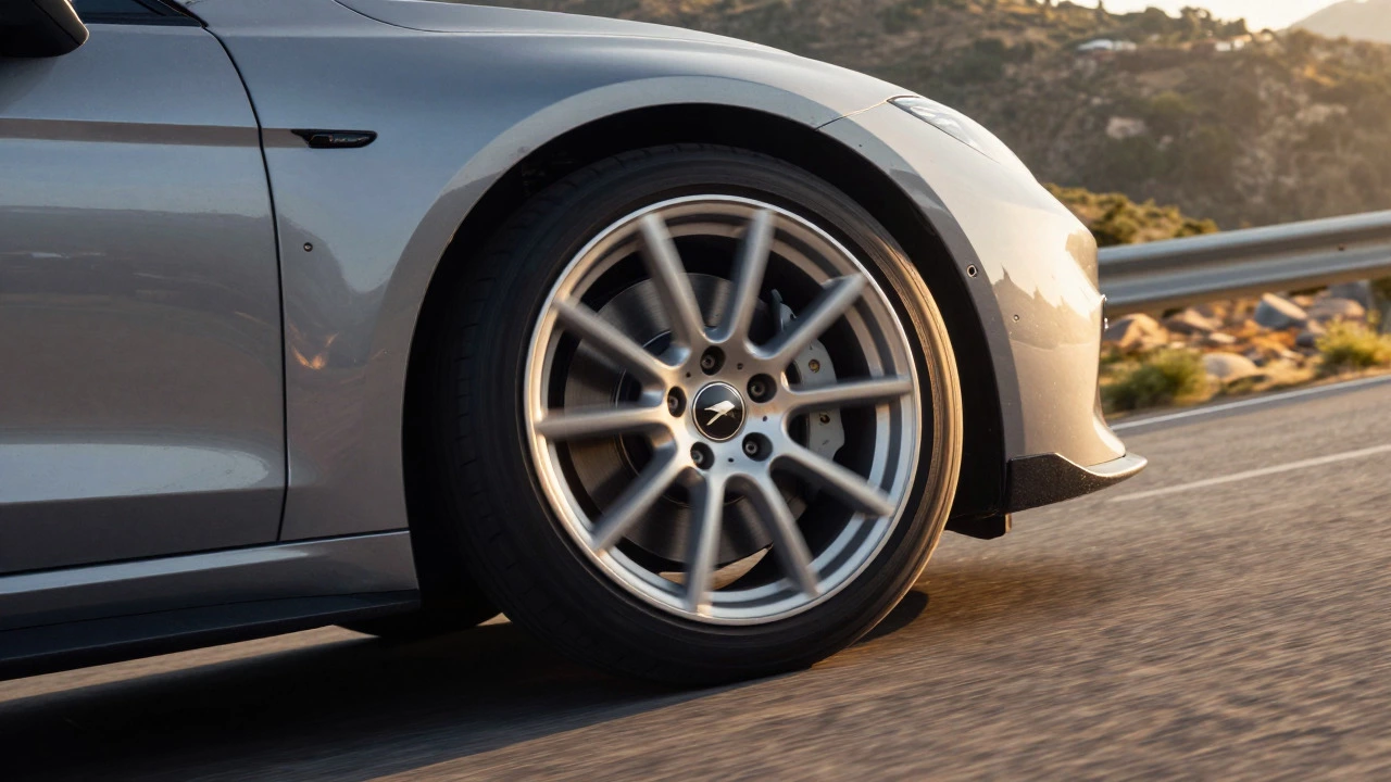 Low-angle view of a car's alloy wheel gripping the road while cornering at high speed
