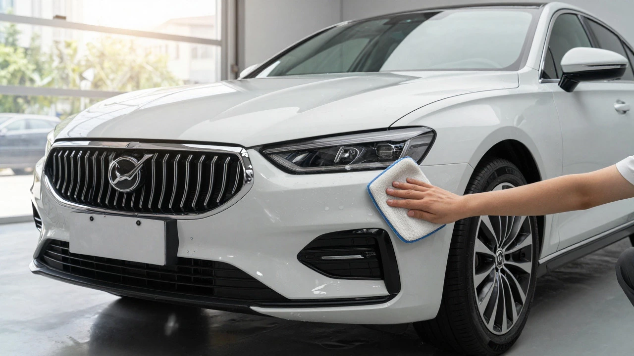 Luxury car in a garage being washed by hand