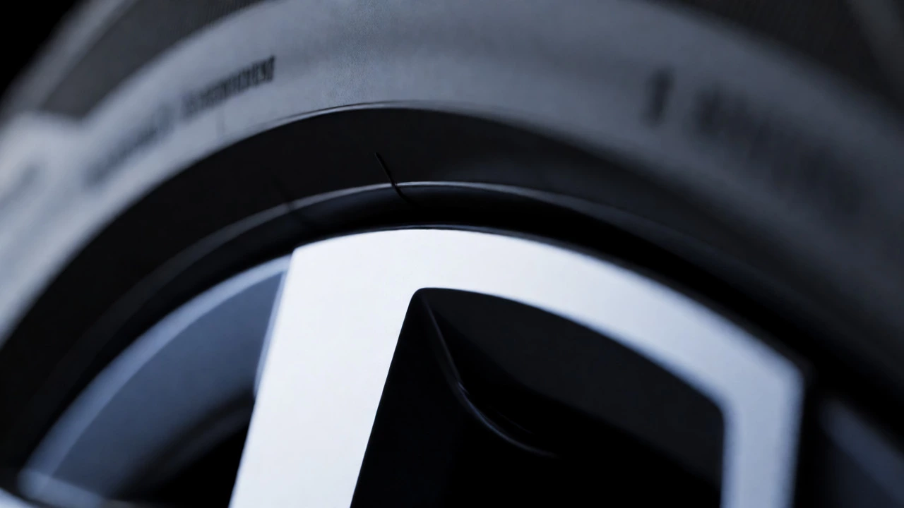 Macro view of tire bead seated securely on alloy wheel rim flange