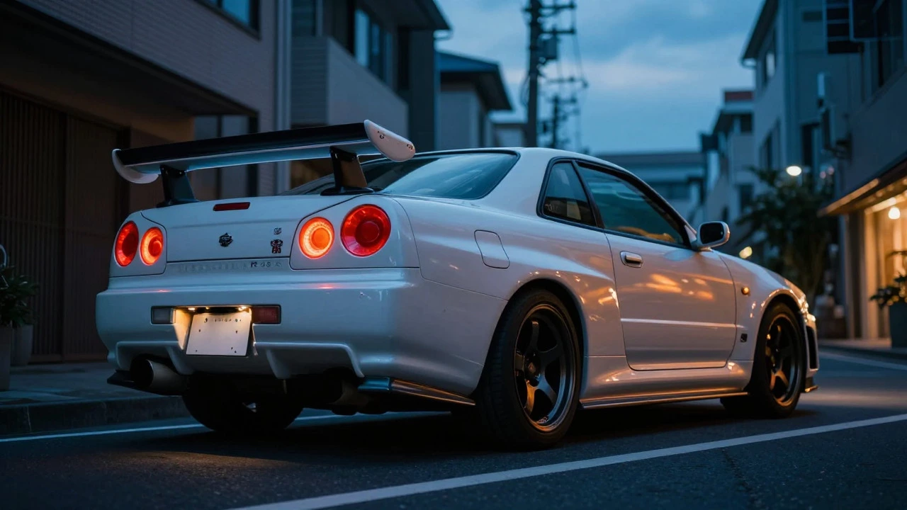 Nissan Skyline GT-R R34 with iconic wing in neon-lit city night