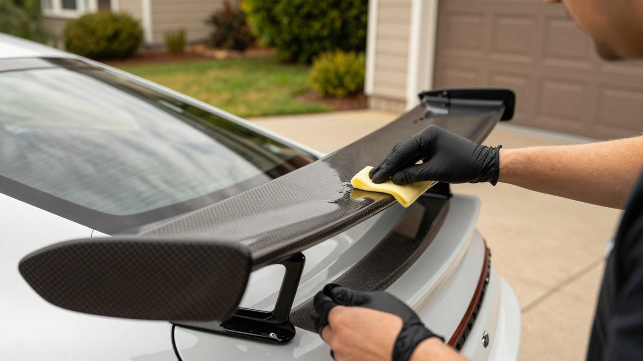 Person applying ceramic coating to a carbon fiber wing