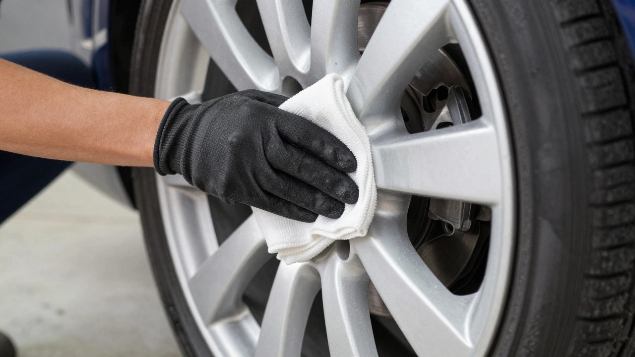 Person wiping an alloy wheel with a microfiber cloth in a garage