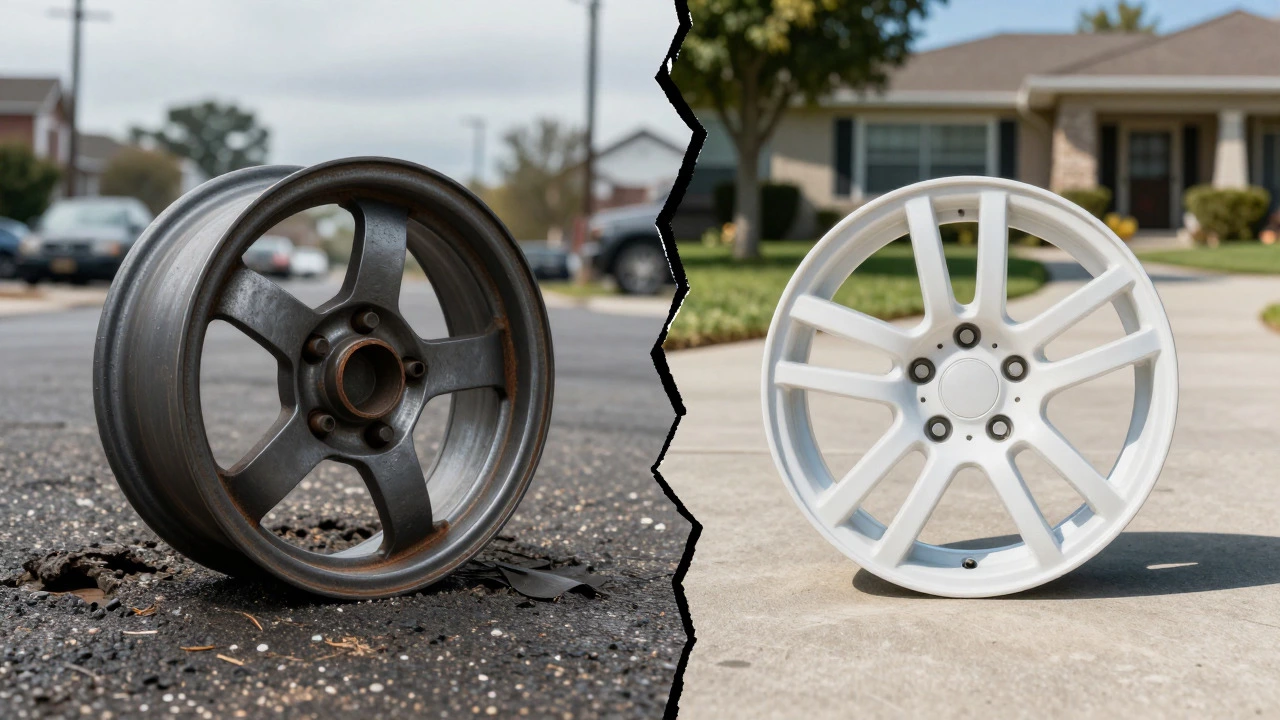 Split image showing a bent steel wheel in rough conditions versus a shiny alloy wheel in a driveway