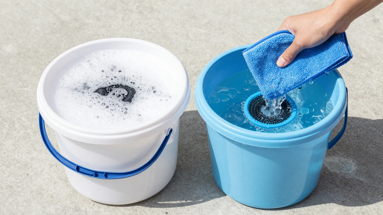 Two-bucket system with grit guards for safe car washing