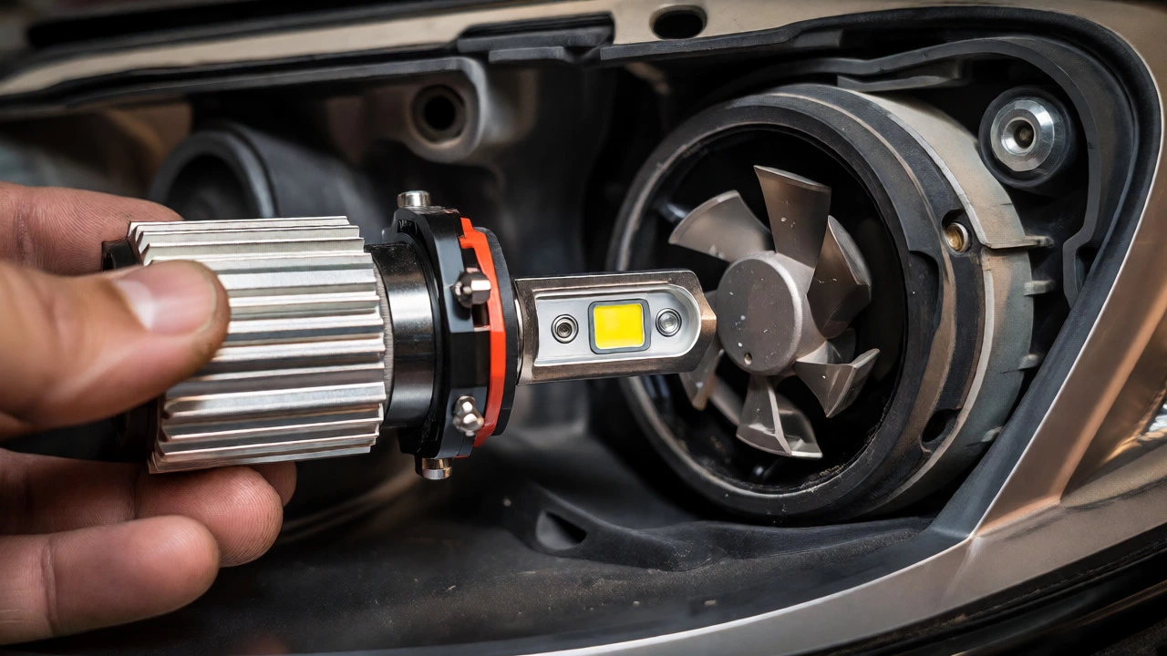 Bulky LED bulb with heatsink struggling to fit inside tight headlight housing