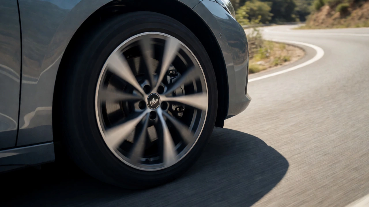 Car cornering showing alloy wheel heat dissipation and handling
