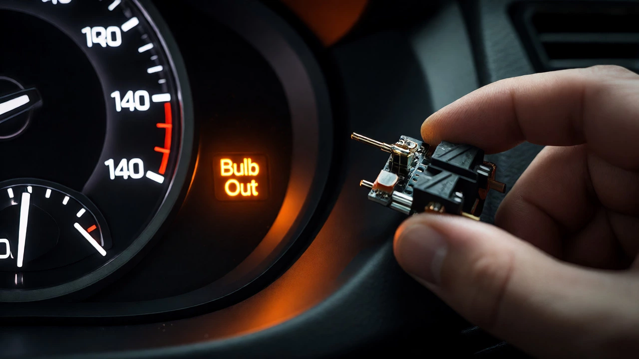 Car dashboard displaying a bulb-out warning light next to a CANbus decoder.