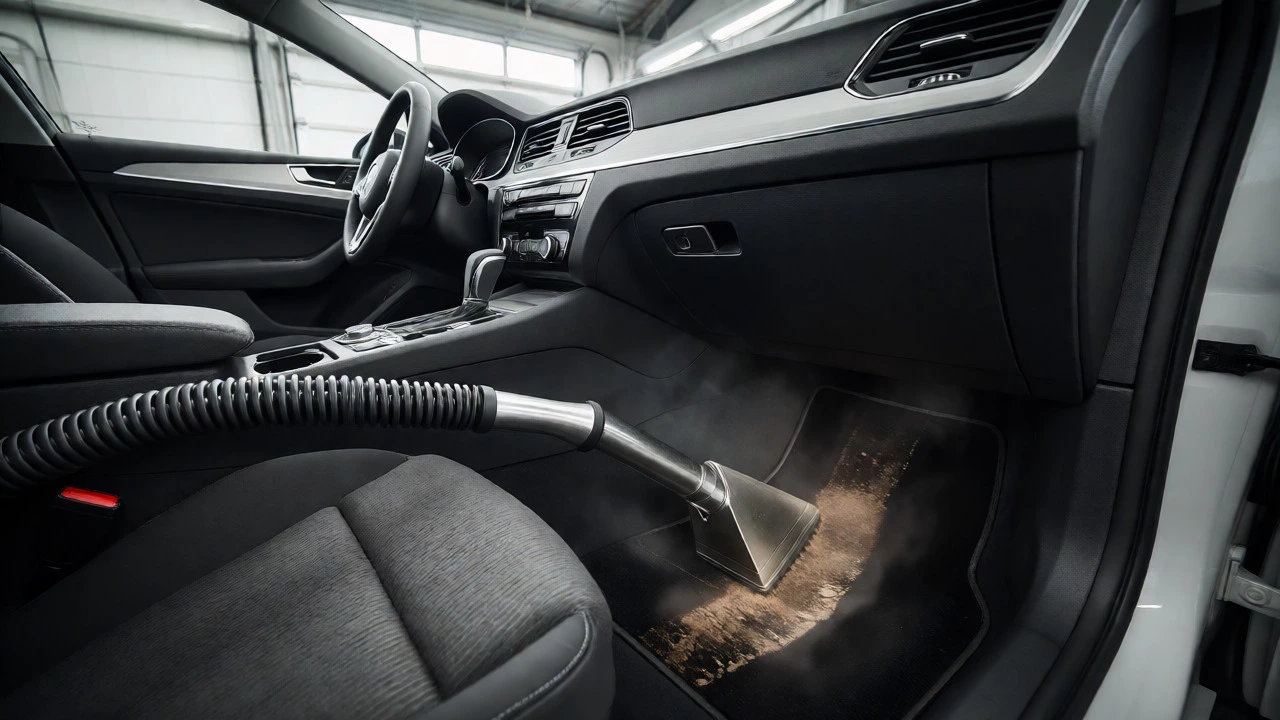 Carpet extractor removing dirt from car floor mats with steam
