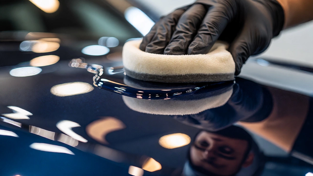 Close-up of gloved hand applying ceramic coating to a glossy car hood.