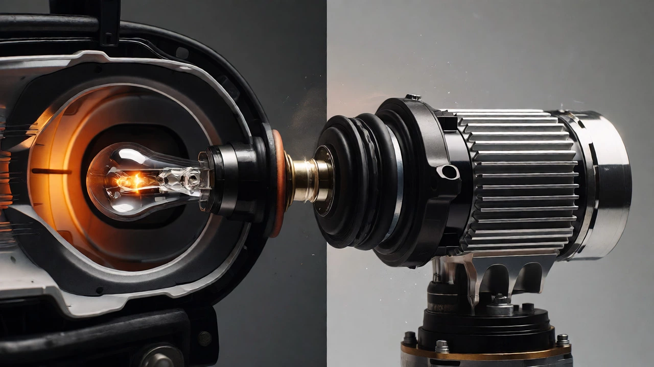 Comparison of bulky LED bulb fitting issues versus standard halogen in headlight housing.