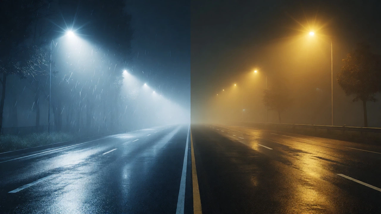 Comparison of white LED scatter versus yellow halogen penetration in heavy fog