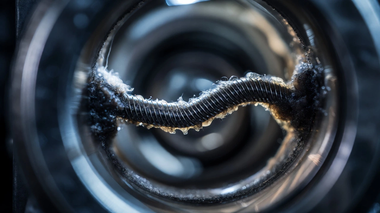 Contaminated MAF sensor wire covered in gummy oil and fiber residue