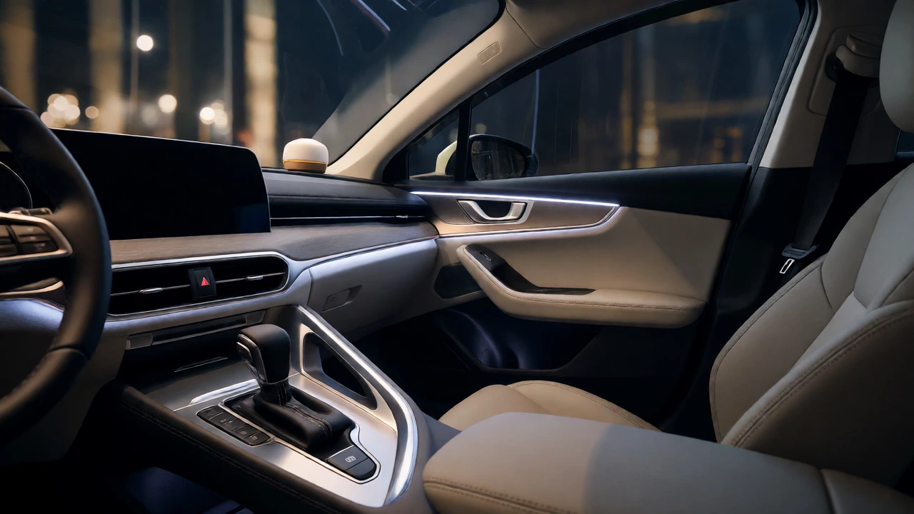 Luxurious car cabin at night with brushed metal trim and ambient glow