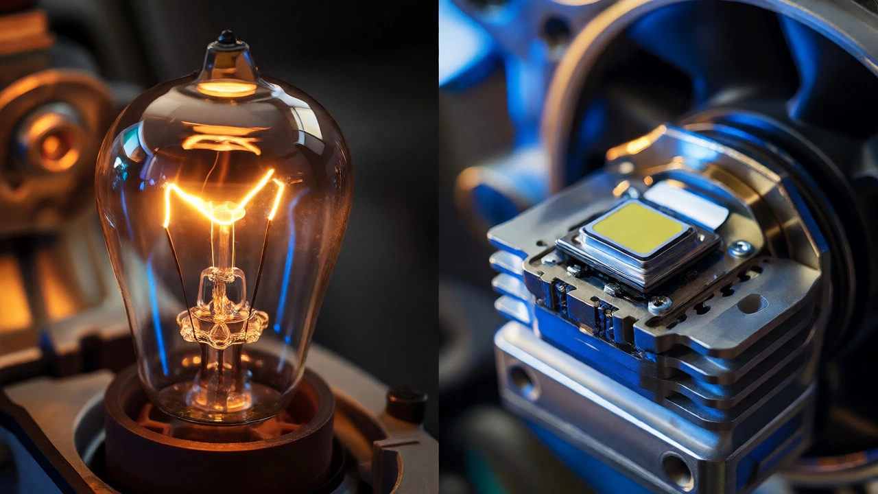 Macro comparison of a glowing halogen bulb next to a modern LED bulb with heat sink and fan.