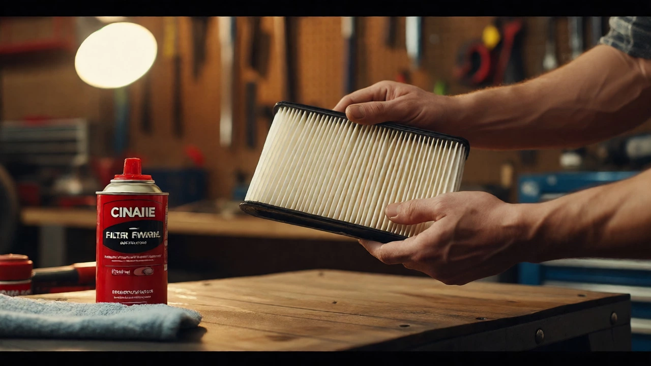 Mechanic holding a properly re-oiled performance air filter with matte finish