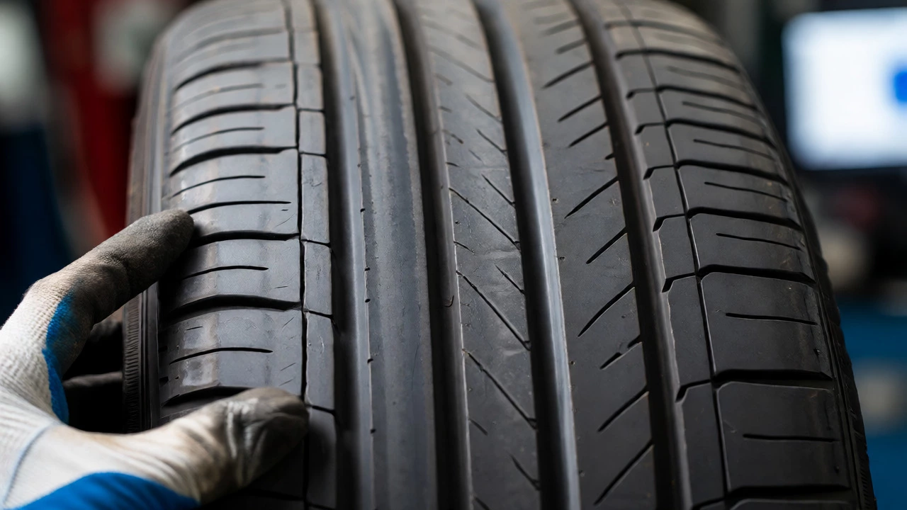 Mechanic inspecting uneven tire wear on a vehicle