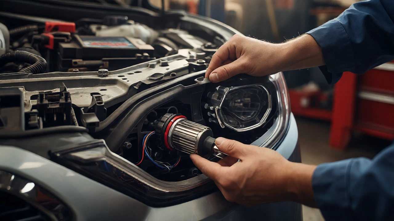 Mechanics installing a bulky LED headlight bulb into a tight car engine bay during an upgrade.