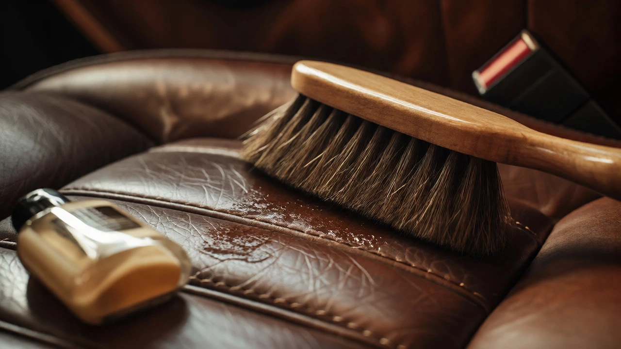 Soft brush gently cleaning and conditioning dark leather car seats