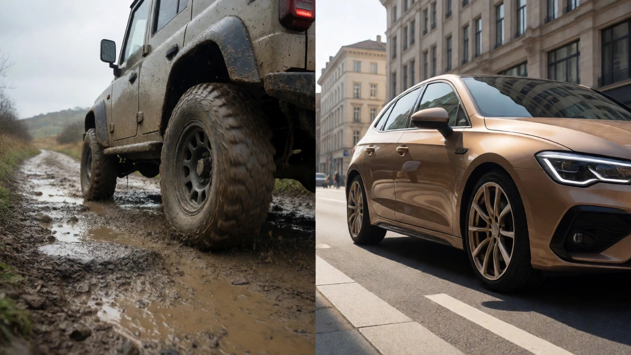 Split view of durable steel wheels off-road vs stylish alloys in city