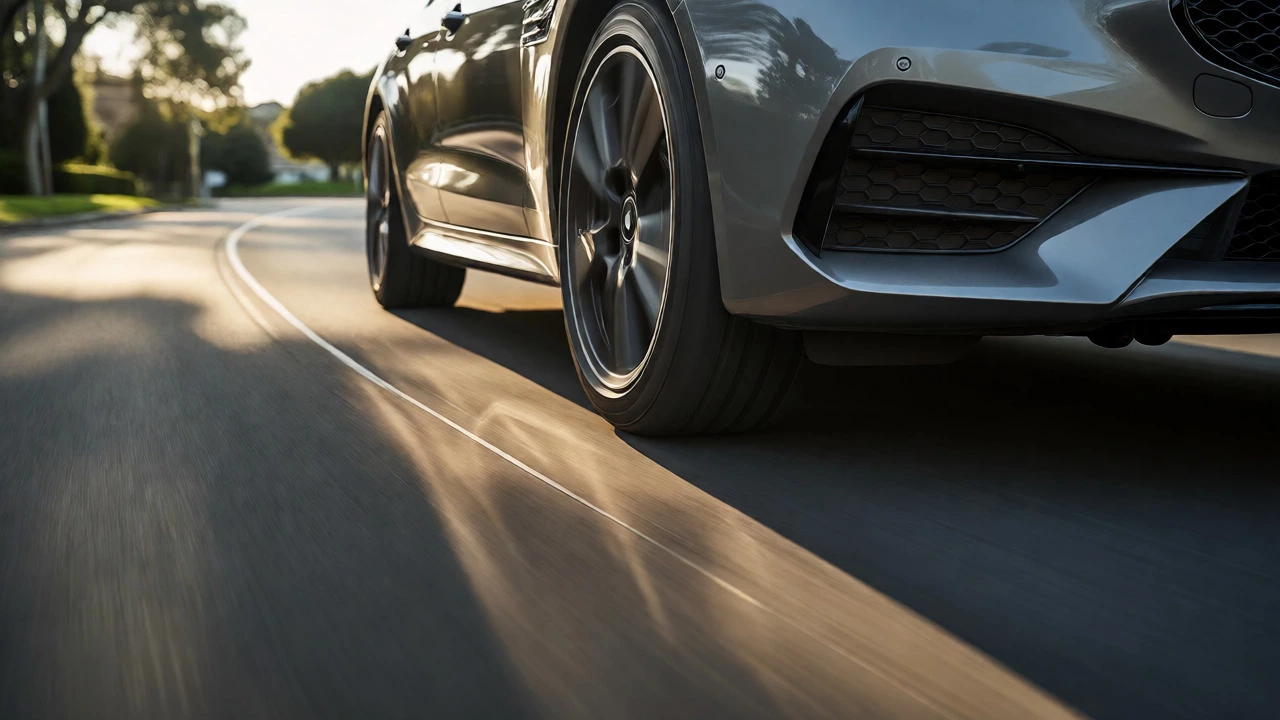 Sports car cornering on a road showing wheel geometry