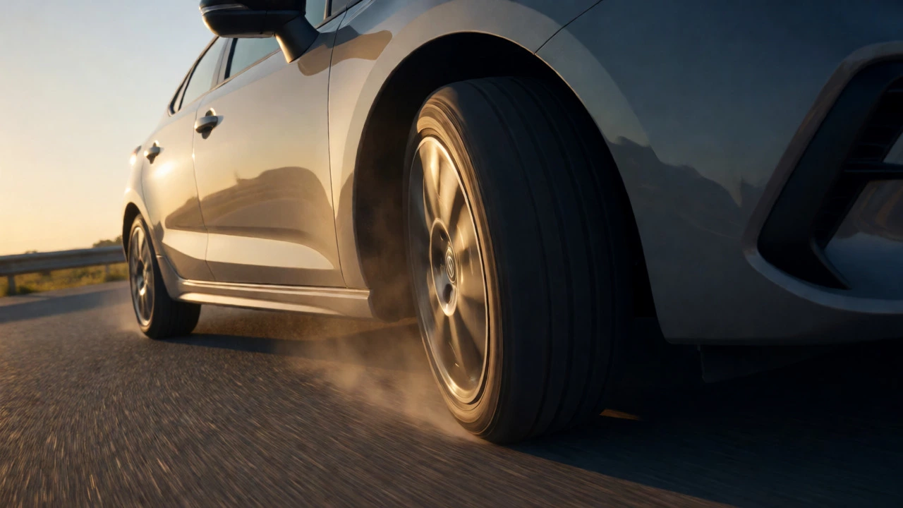 Sports car cornering with focus on vibrating wheel and stressed suspension components