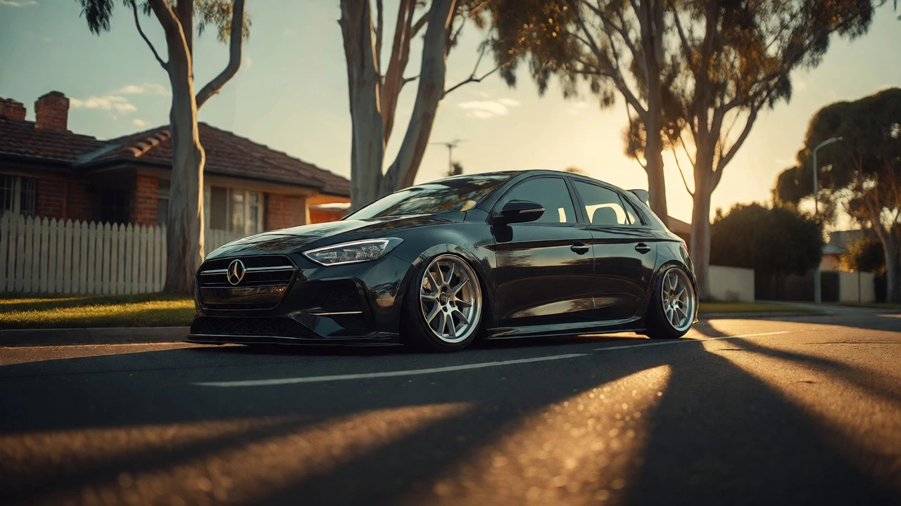 A lowered hatchback parked on a suburban street at sunset, showing aggressive stance.