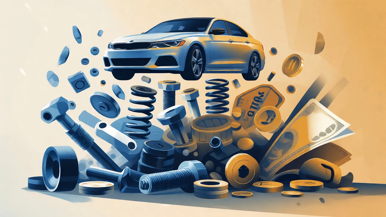 Abstract illustration of car parts transforming into money to represent modification costs.
