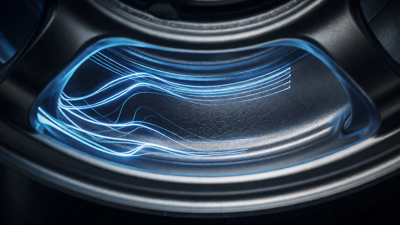 Abstract visualization of eddy currents on an aluminum wheel rim surface.