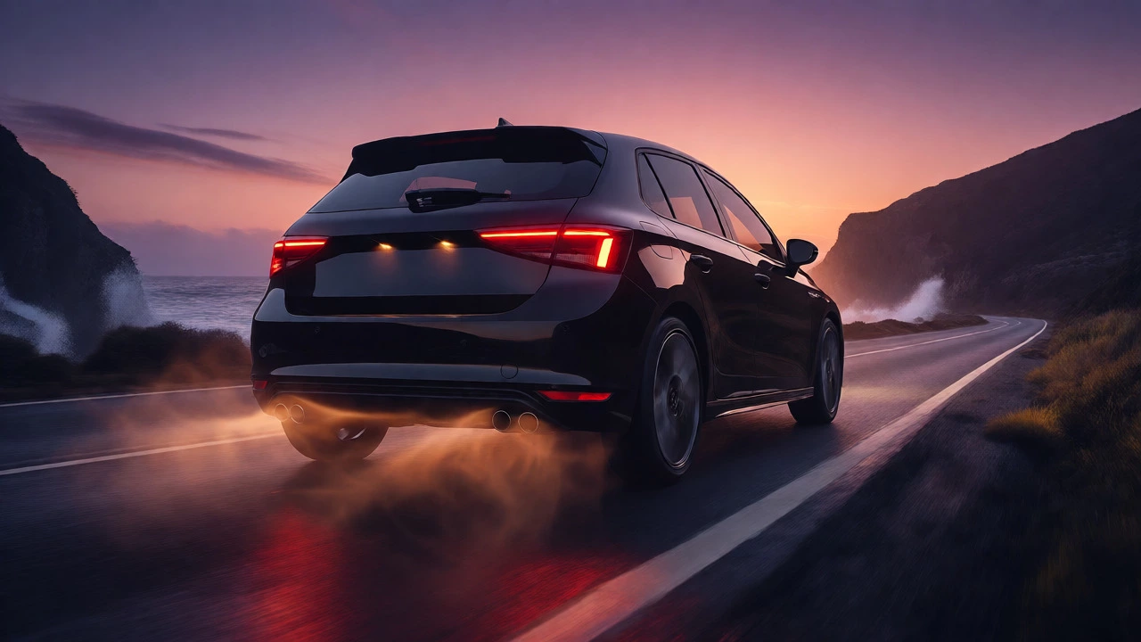 Car driving on coastal road with exhaust heat haze