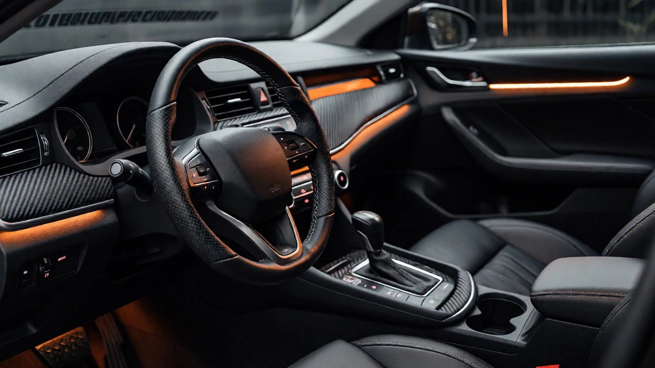 Car interior at night with carbon fiber vinyl trim and subtle ambient LED lighting.