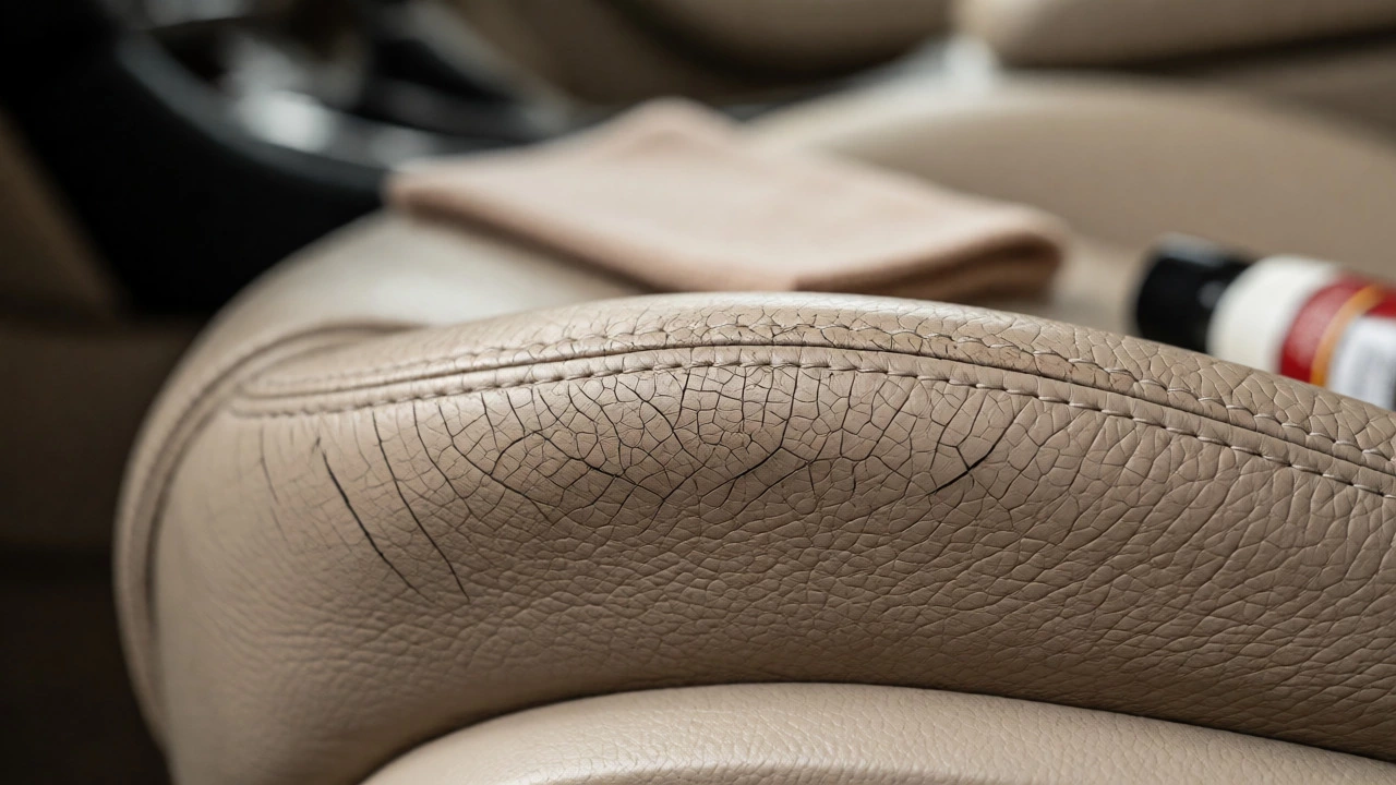 Close-up of cracked and dry leather on a car seat bolster next to conditioning supplies.